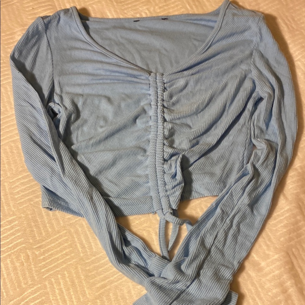 Forever 21 Blue Ruched 3/4 Sleeve Crop Top